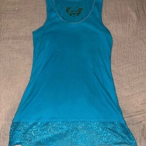 Delicates Turquoise Lace Trim Tank Top